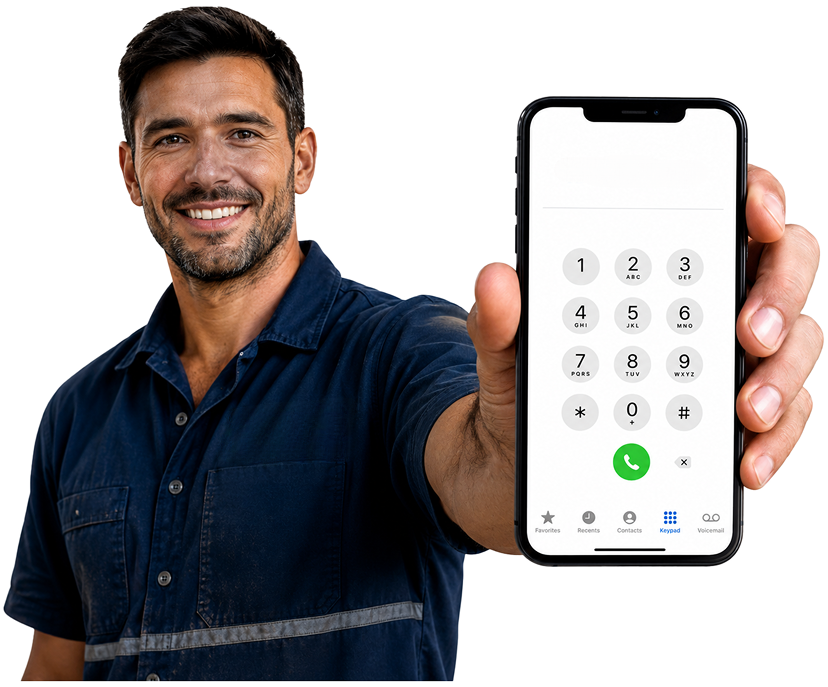 Sutherland Blocked Drains plumber holding a phone — call 1300 261 965