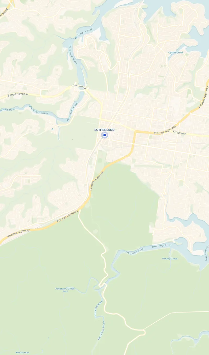 Map of the Sutherland service area and the surrounding suburbs we cover.
