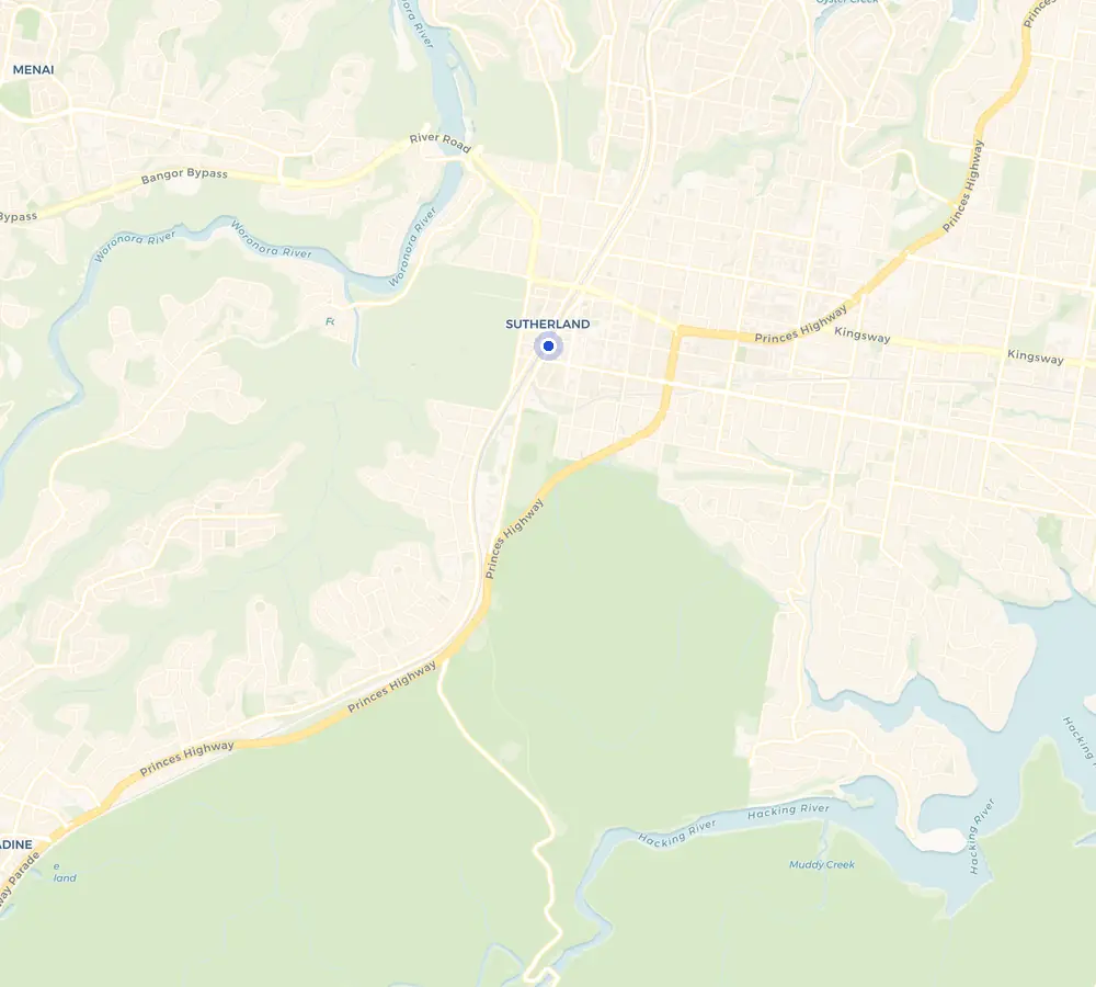 Map of the Sutherland service area and the surrounding Shire, showing Sutherland and the nearby streets we cover.