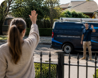 Customer waving goodbye to a Sutherland Blocked Drains plumber